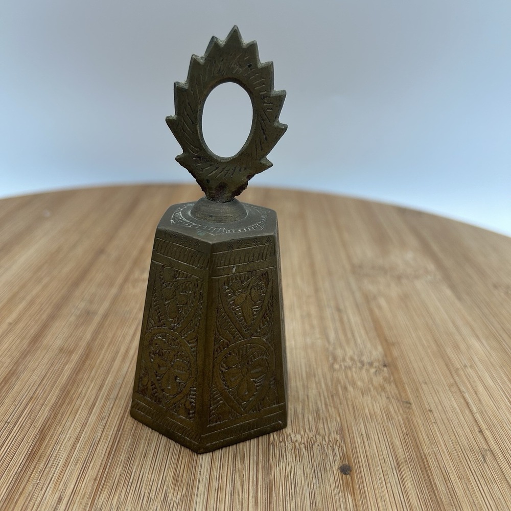 Vintage TINY SOLID BRASS HAND BELL Hand Etched 4.5" Tall Handmade Hexagon